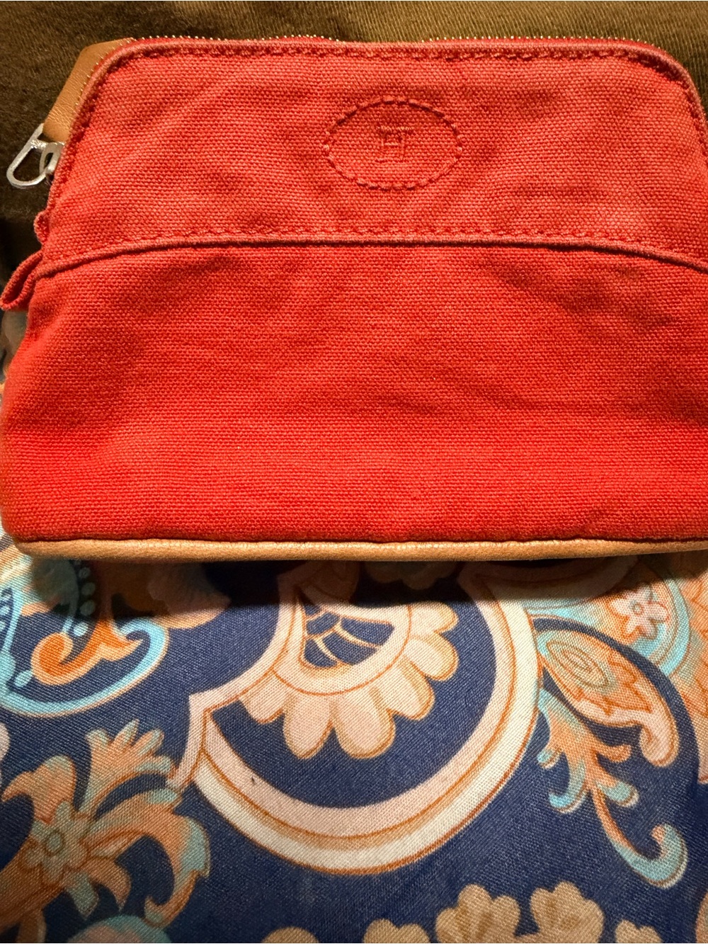 Authentic Hermes Canvas Zip Pouch in Red with Leather Trim vintage